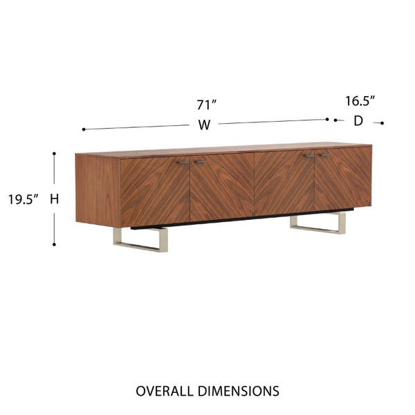 EuroStyle Alvarado Walnut Veneer Media Stand with Chevron Doors and Steel Base for Living Rooms 31028WAL-KIT