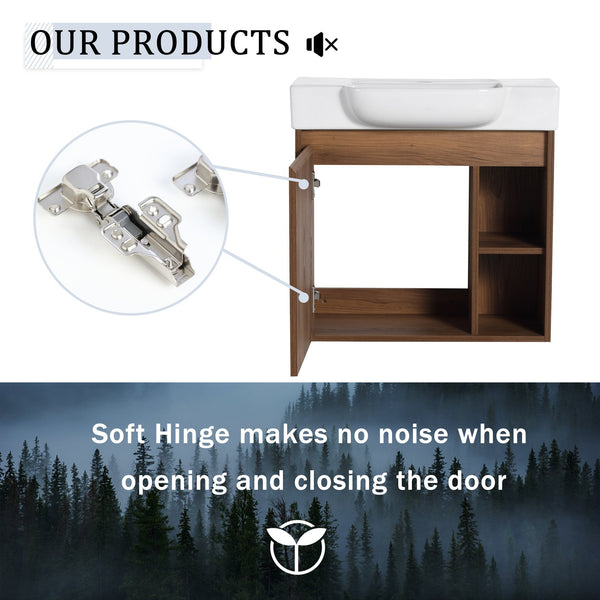 English Elm 24'' Wall-Mounted Bathroom Vanity with White Ceramic Sink, Soft-Close Door, Open Shelves, Moisture-Resistant Finish W999P263406