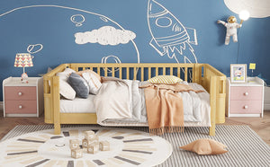 English Elm Full Full Size Wood Platform Bed for Kids with Guardrail, Solid Pine Construction, Low Profile, 350LB Capacity, Natural Finish W2593P367066