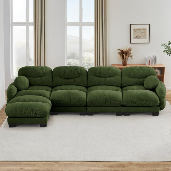 English Elm Pleated Chenille Sectional Sofa with Ottoman Ergonomic Foam Curved Armrests Living Room Green W5656S00053
