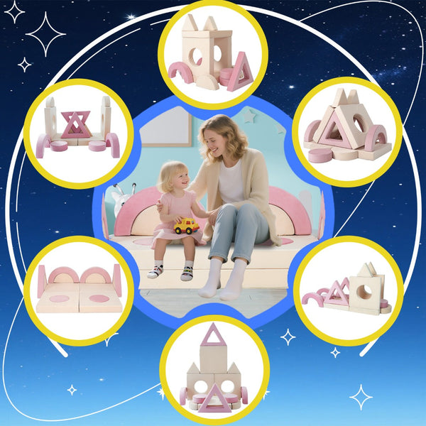 English Elm 14pcs Modular Foam Play Couch Set Convertible Toddler Fort Builder for Playrooms Pink+White T5880P493441