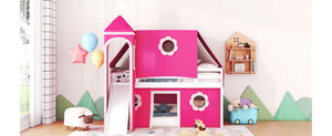 English Elm Twin Castle Loft Bed with Slide Tent Tower and Play Space for Kids Rooms Pink N708P249511H