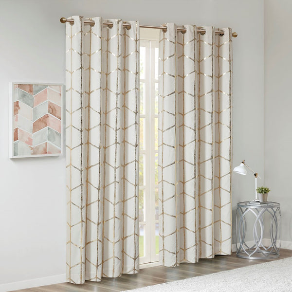 English Elm Total Blackout Metallic Raina Grommet Curtain Panel Pair 50x84 100% Blackout Gold Geometric Ivory Elegance B035129662