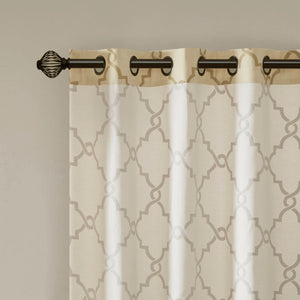 JLA Home Madison Park - Fretwork Metallic Fret Print Curtain Panel with Gunmetal Grommets — Textured Cotton-Blend Light Filter Beige/Gold MP40-3599
