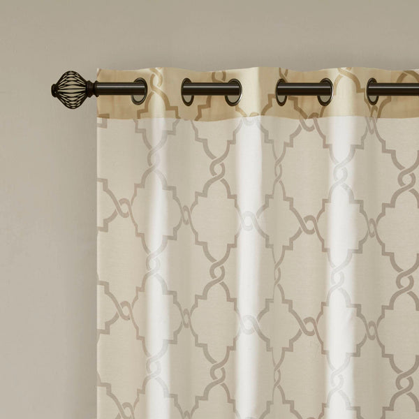 JLA Home Madison Park - Fretwork Metallic Fret Print Curtain Panel with Gunmetal Grommets — Textured Cotton-Blend Light Filter Beige/Gold MP40-3599