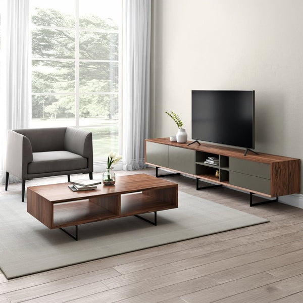EuroStyle Anderson Walnut Veneer TV Stand with Matte Black Steel Base for Contemporary Rooms 31051GRY-KIT