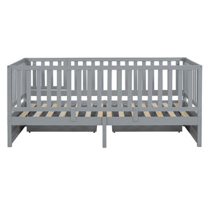 English Elm Twin Pinewood Daybed with Fence Guardrails Two Storage Drawers and Split Floor Bed Gray LP200881AAE