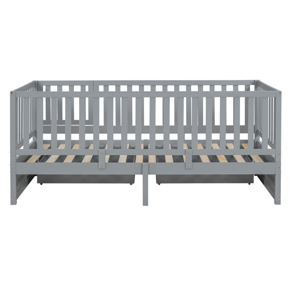 English Elm Twin Pinewood Daybed with Fence Guardrails Two Storage Drawers and Split Floor Bed Gray LP200881AAE