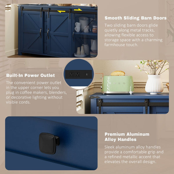 English Elm U-style Farmhouse Sideboard Barn Door Buffet with Drawers Built-in Outlet Dining Navy Blue N711P347377V