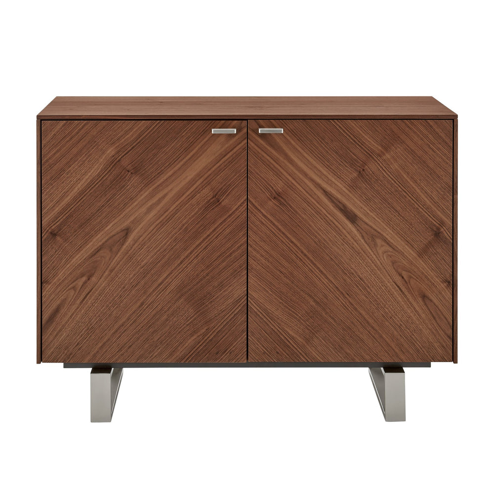 Alvarado Contemporary Walnut Sideboard with Chevron Doors & Brushed Stainless Steel Legs for Storage