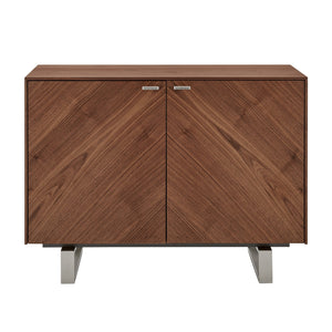 Alvarado Contemporary Walnut Sideboard with Chevron Doors & Brushed Stainless Steel Legs for Storage