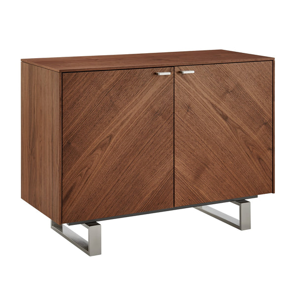 Alvarado Contemporary Walnut Sideboard with Chevron Doors & Brushed Stainless Steel Legs for Storage