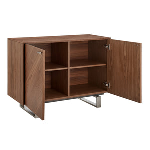 Alvarado Contemporary Walnut Sideboard with Chevron Doors & Brushed Stainless Steel Legs for Storage