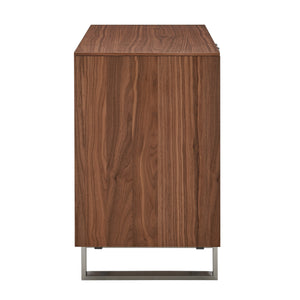 Alvarado Contemporary Walnut Sideboard with Chevron Doors & Brushed Stainless Steel Legs for Storage