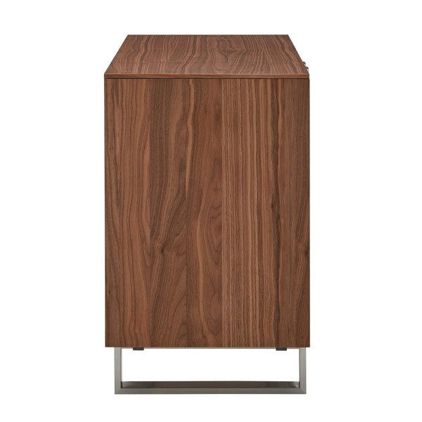 Alvarado Contemporary Walnut Sideboard with Chevron Doors & Brushed Stainless Steel Legs for Storage
