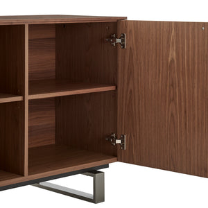 Alvarado Contemporary Walnut Sideboard with Chevron Doors & Brushed Stainless Steel Legs for Storage