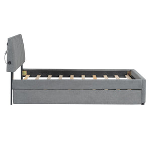 English Elm Teddy Twin Upholstered Platform Bed with Trundle, LED Smart Lighting, Plush Fleece, Sturdy Design Gray SF000055AAE