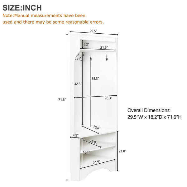 English Elm Minimalist White Corner Hall Tree with Bench Shoe Storage and Four Entryway Hooks N721P401788K