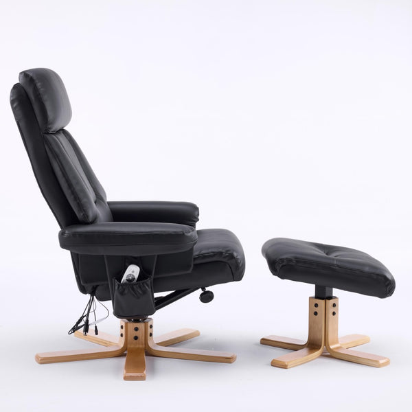 English Elm Black Pu Leather Swivel Accent Chair with Ottoman Heated Massage Wood Base Lounge W3248P465018