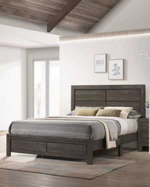 English Elm 1pc King Size Panel Bed with LED Backlit High Headboard and Built-in Shelving for Luxe Storage Brown,Gray 81.5 L x 28.35 W x 5.31 H B2741P333936