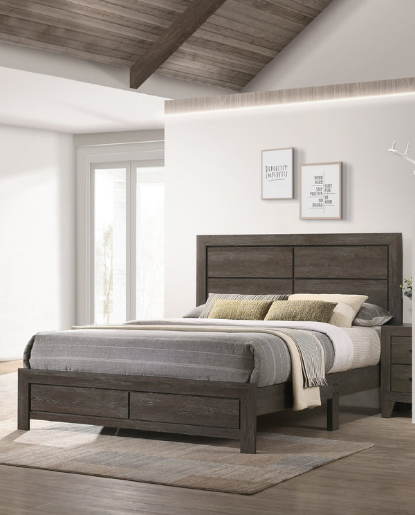 English Elm 1pc King Size Panel Bed with LED Backlit High Headboard and Built-in Shelving for Luxe Storage Brown,Gray 81.5 L x 28.35 W x 5.31 H B2741P333936