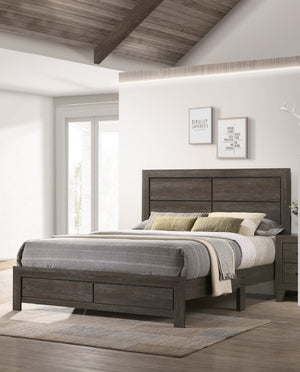 English Elm 1pc Queen Size Panel Bed Headboard with LED Lighting, Sleek Sloping Design and Built-In Shelves for Storage and Ambiance Brown,Gray 65.75 L x 28.35 W x 5.31 H B2741P333934