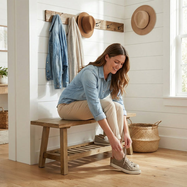 English Elm 43" Farmhouse Cedar Entryway Bench with Lower Shelf Distressed Rustic Wood Seating W3204P453623