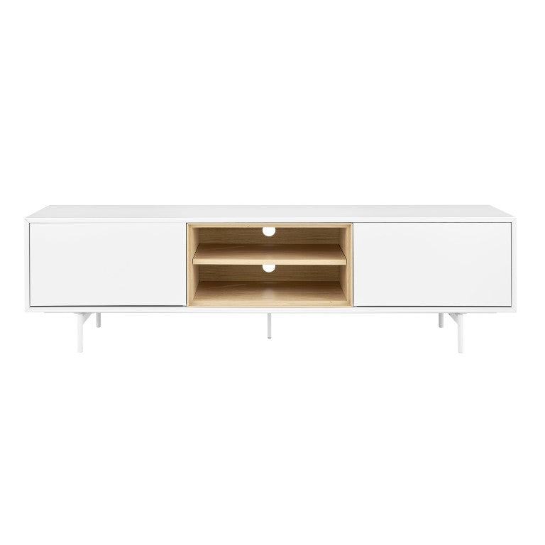 EuroStyle Bodie Scandinavian Low Profile TV Stand with Oak Veneer and Lacquered Cabinet Storage 31080WHT-KIT