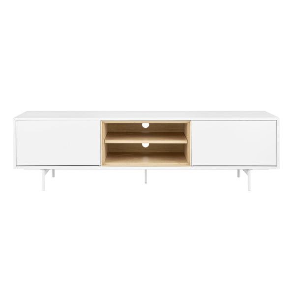 EuroStyle Bodie Scandinavian Low Profile TV Stand with Oak Veneer and Lacquered Cabinet Storage 31080WHT-KIT