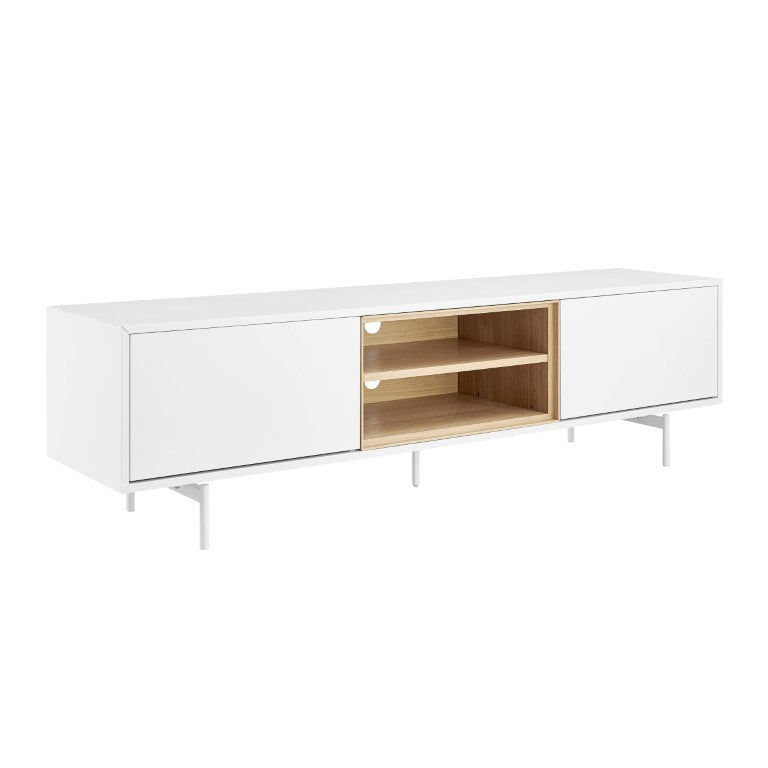 EuroStyle Bodie Scandinavian Low Profile TV Stand with Oak Veneer and Lacquered Cabinet Storage 31080WHT-KIT