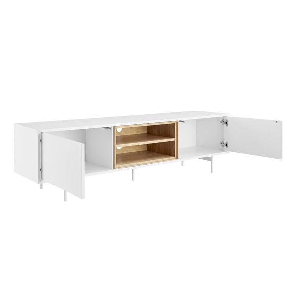 EuroStyle Bodie Scandinavian Low Profile TV Stand with Oak Veneer and Lacquered Cabinet Storage 31080WHT-KIT