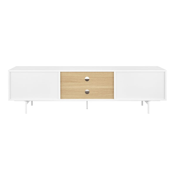 EuroStyle Bodie Scandinavian Low Profile TV Stand with Oak Veneer and Lacquered Cabinet Storage 31080WHT-KIT