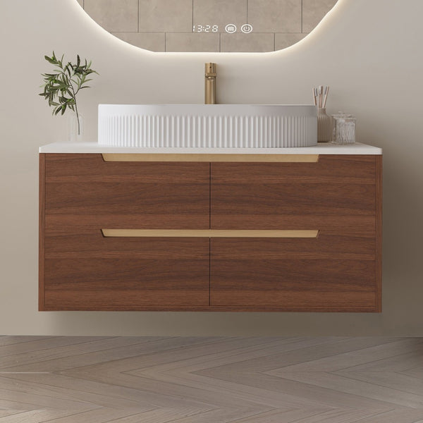 English Elm 36 Inch Floating or Freestanding Bathroom Vanity with Ceramic Sink and Soft Close Drawers W3136S00042