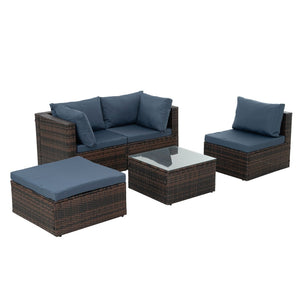 English Elm Patio 5-Piece Wicker Furniture Set With Comfortable Cushions & Glass Coffee Table For Outdoor Relaxation W1703S00021-GIGA