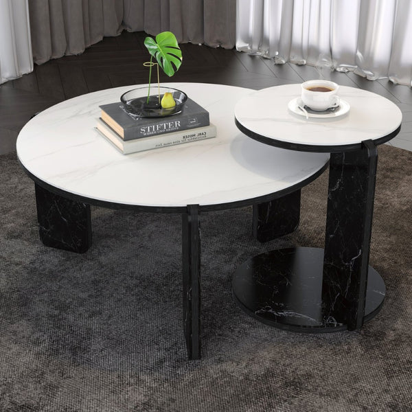 English Elm Set of 2 Round Sintered Stone Nesting Tables Sleek Modern Accent for Living Rooms W2899P405896