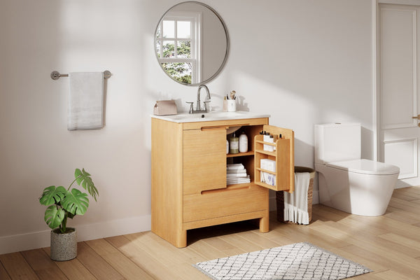 English Elm [video] 30 Inch Freestanding Bathroom Vanity Pine Legs Ceramic Sink Soft Close Storage Oak N759P412928O