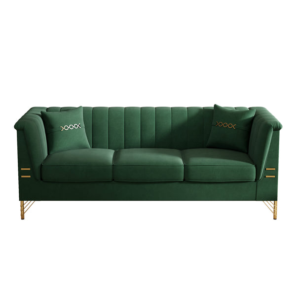 English Elm Fx-P82-Gr3 Modern Velvet Green Chesterfield 3-Seater Sofa With 2 Pillows - Stylish Comfort For Living Room W576S00219