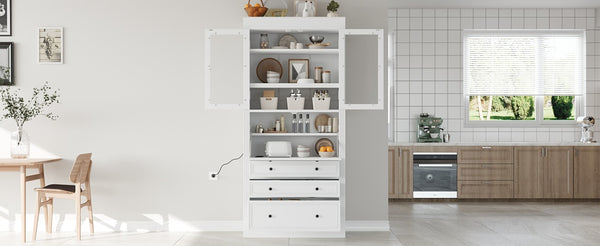English Elm Topmax Shaker Pantry Cabinet with Drawers Power Outlet and Glass Doors SP000094AAK