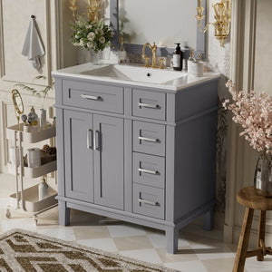 English Elm 30" Freestanding Bathroom Vanity Ceramic Sink Soft Close Cabinet Gray Wood Frame Grey N729P427118E