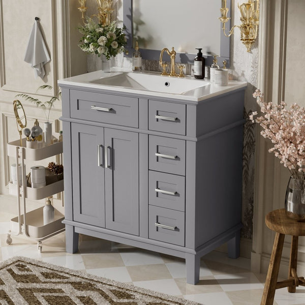 English Elm 30" Freestanding Bathroom Vanity Ceramic Sink Soft Close Cabinet Gray Wood Frame Grey N729P427118E