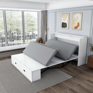 English Elm 57 Inch Murphy Bed Cabinet with Storage Drawers Charging Station and Rolling Casters White W509S00155