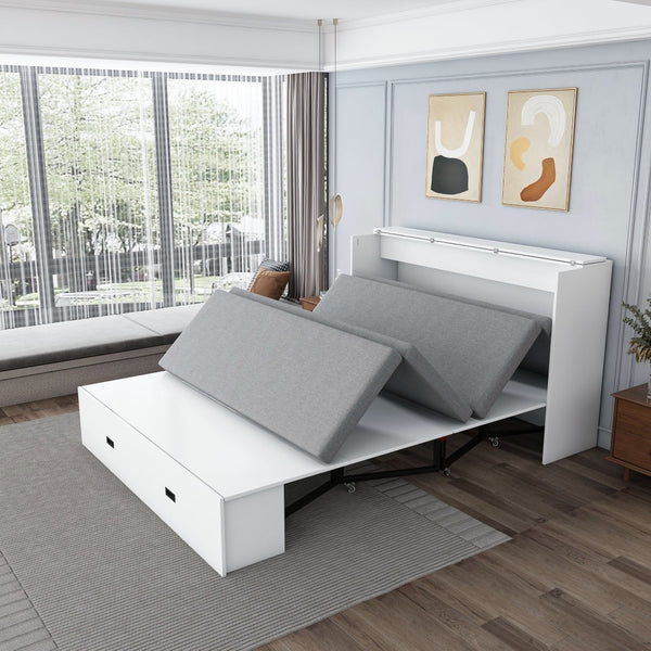 English Elm 57 Inch Murphy Bed Cabinet with Storage Drawers Charging Station and Rolling Casters White W509S00155