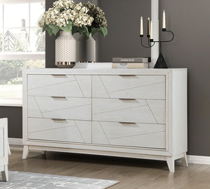 English Elm Antique Asteria Six-Drawer Dresser with Oak Veneer, Black Metal Bar Handles and Modern Geometric Flair Antique White 65 L x 21.5 W x 39.25 H B011P286904