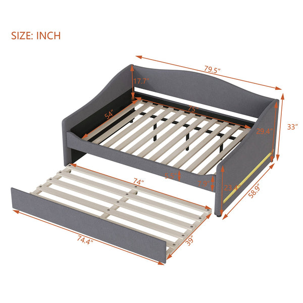 English Elm Teddy Full Size Upholstered Daybed with Twin Trundle, Teddy Fleece Upholstery, Modern Striped Accent Headboard and Sleepover-Friendly Design Gray SF000066AAE