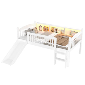 English Elm Twin Xl Solid Pine Loft Bed with Built-in Led Lighting and Storage Shelves Light White W1580S00364