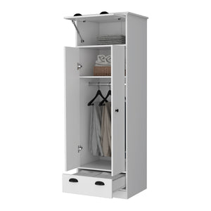 English Elm Linch White Armoire with Hinged Top Drawer, Double-Door Closet, Lower Glide Drawer — Space-Saving elegant storage B128S00123