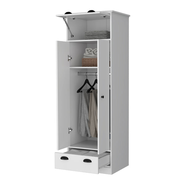 English Elm Linch White Armoire with Hinged Top Drawer, Double-Door Closet, Lower Glide Drawer — Space-Saving elegant storage B128S00123