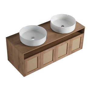 English Elm 48" Imitative Oak Wall Mounted Bathroom Vanity with Ceramic Art Sink, Plywood, 4 Soft-Close Doors, Modern Float Design W999S00399