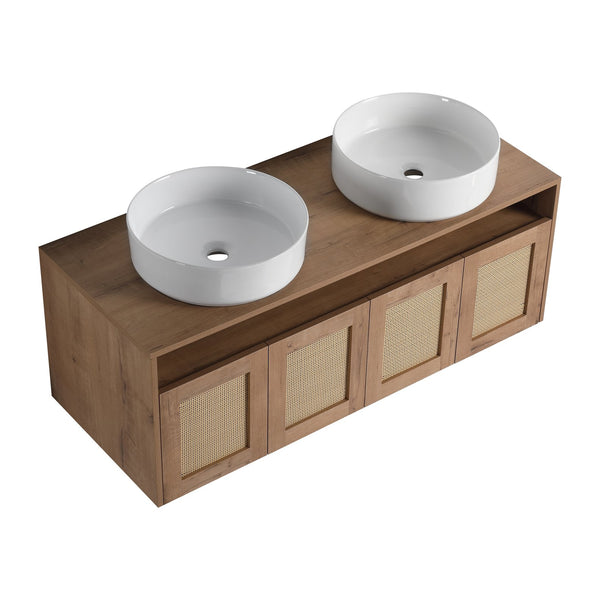 English Elm 48" Imitative Oak Wall Mounted Bathroom Vanity with Ceramic Art Sink, Plywood, 4 Soft-Close Doors, Modern Float Design W999S00399