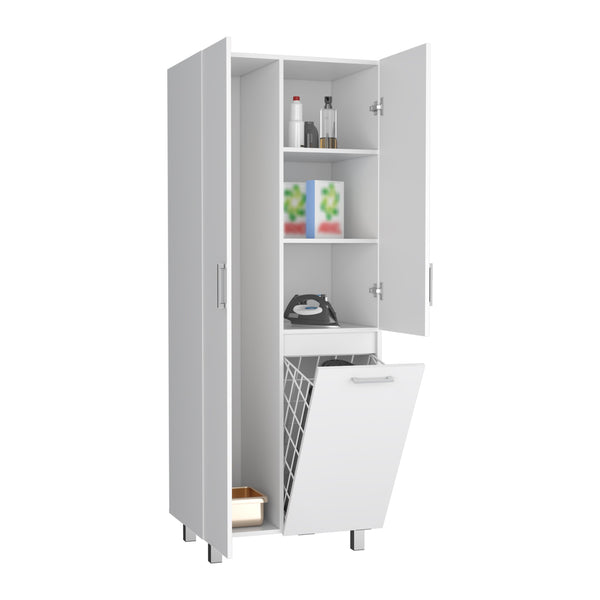 English Elm Iris 71" Tall Two-Door Broom Closet With Built-In Hamper, Adjustable Shelves, Slim White Storage B070S00402